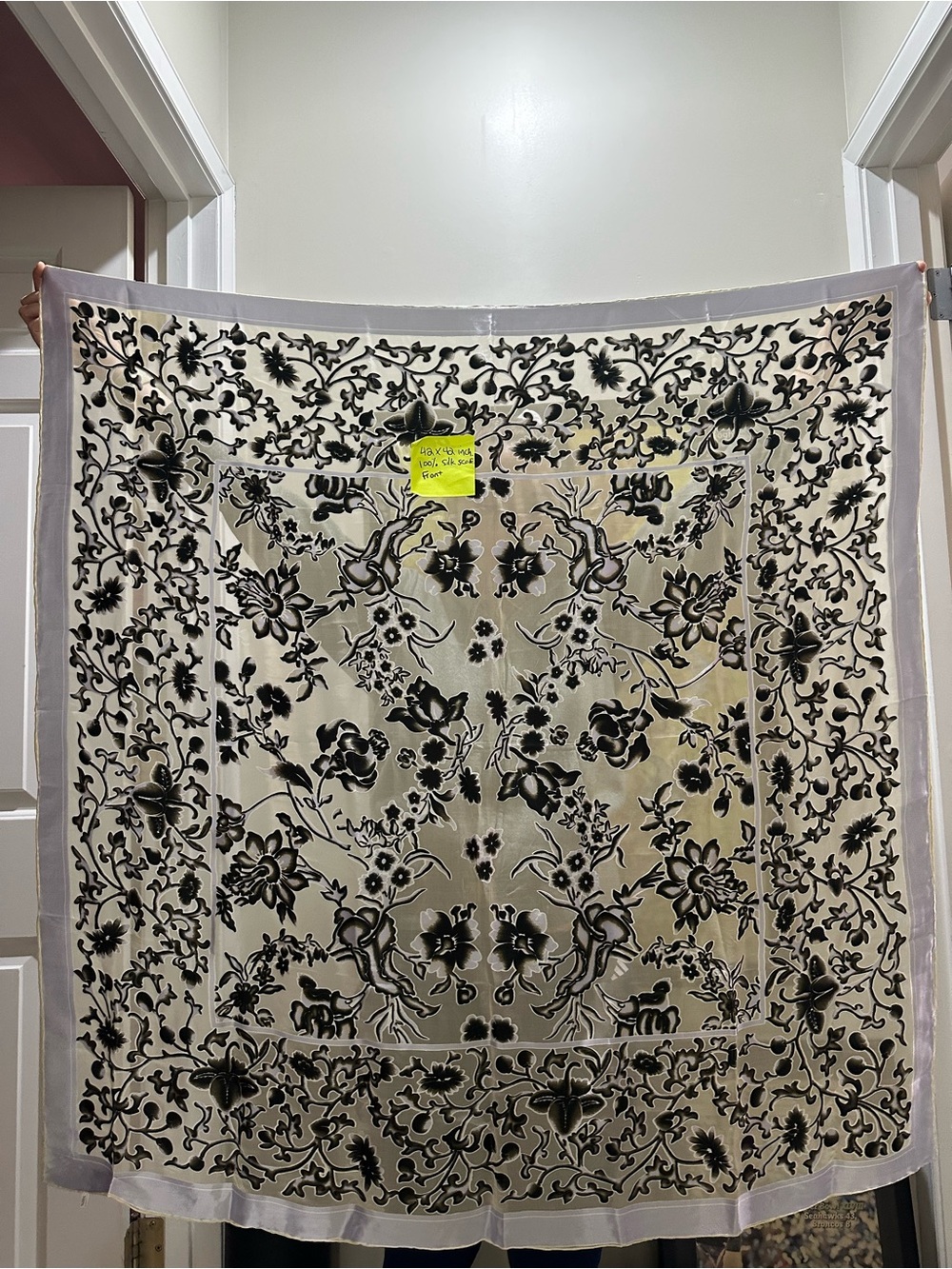 Floral Black and Cream Square 100% Silk Scarf